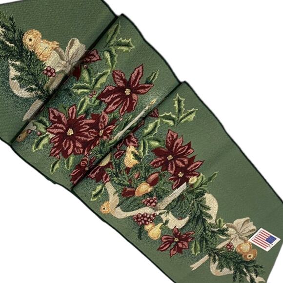 Poinsettia Christmas Table Runner Woven Tapestry Candles Bow Garland NWT 13x72" - Picture 6 of 10